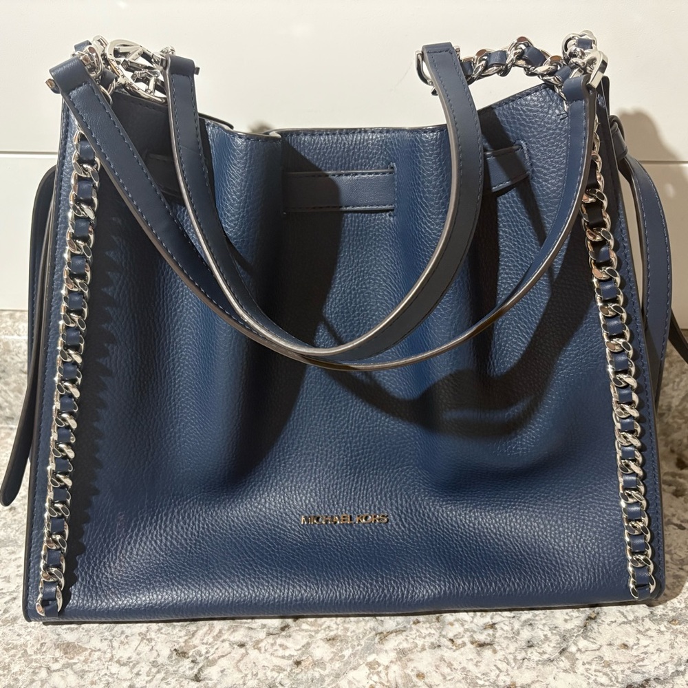 Michael Kors Dark Blue Tote with Silver Chain